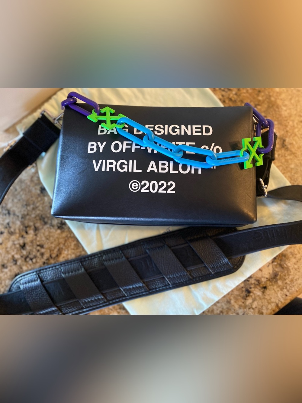 Authentic Off-White Black Leather Padded Crossbody Bag Strap